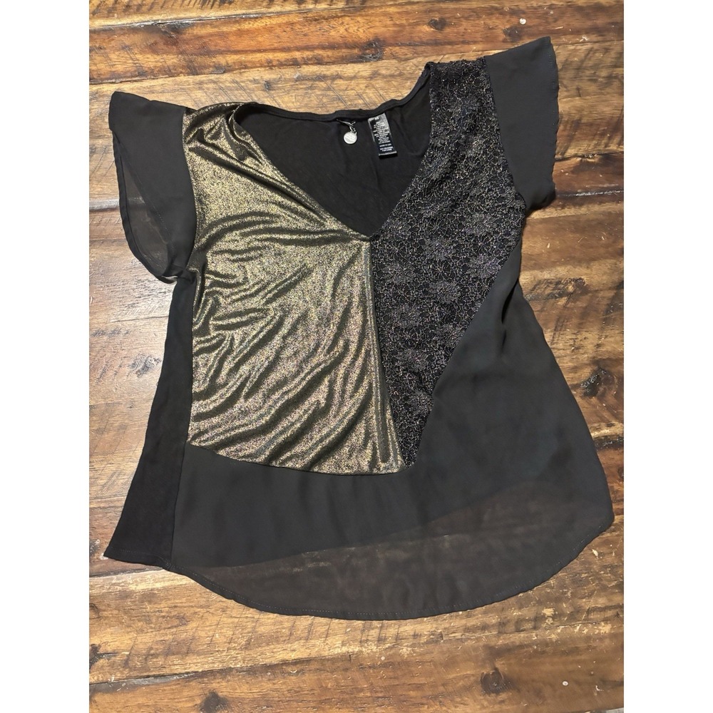 BKE Boutique By Buckle Y2K Size X Small Black Gold Lace Blouse